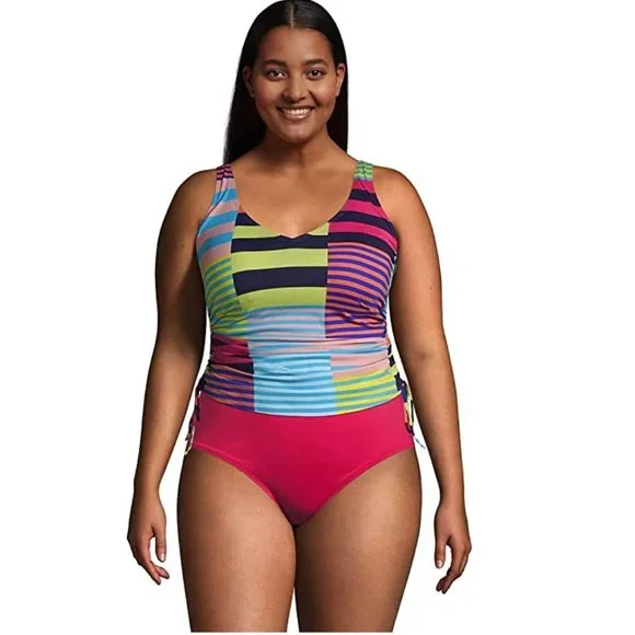 NWT Lands End Adjustable Cinch V-Neck Underwire Tankini Top Size 22W $120 HH308 - Picture 2 of 5